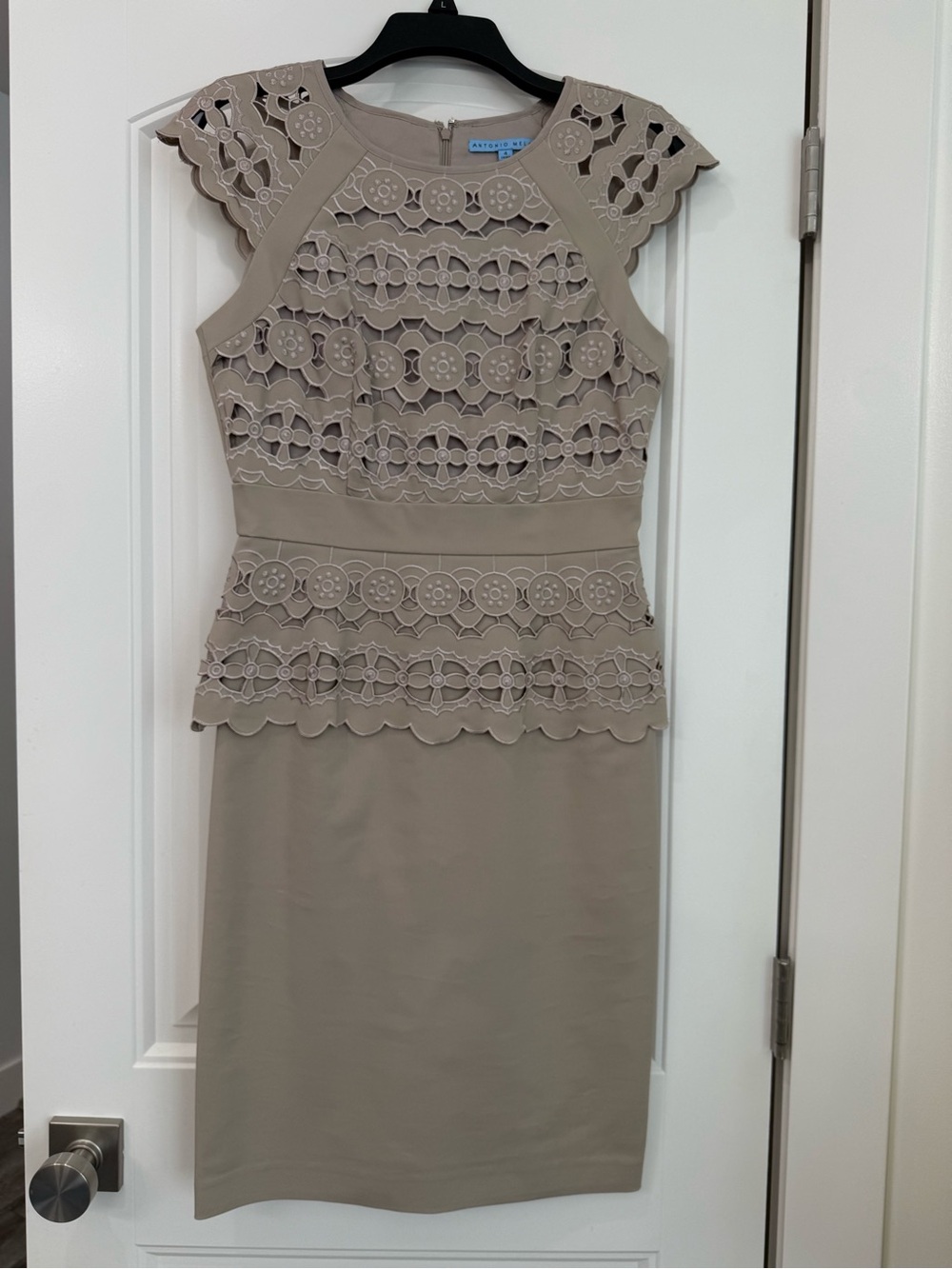 Adrianna Papell Taupe Scalloped Lace Peplum Midi Dress